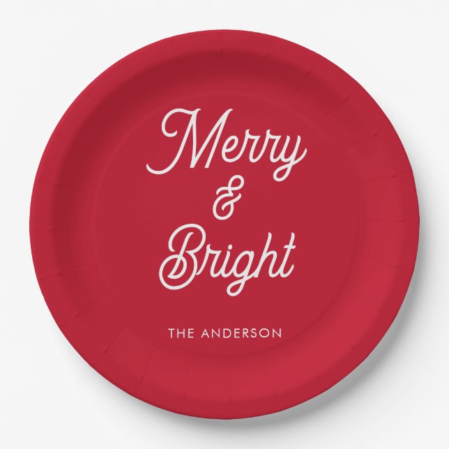 Merry and Bright Typography Script Red  Paper Plate (Front)