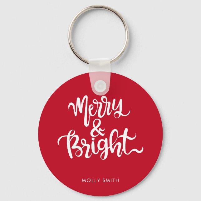 Merry and Bright Typography Script Red & White  Key Ring (Front)