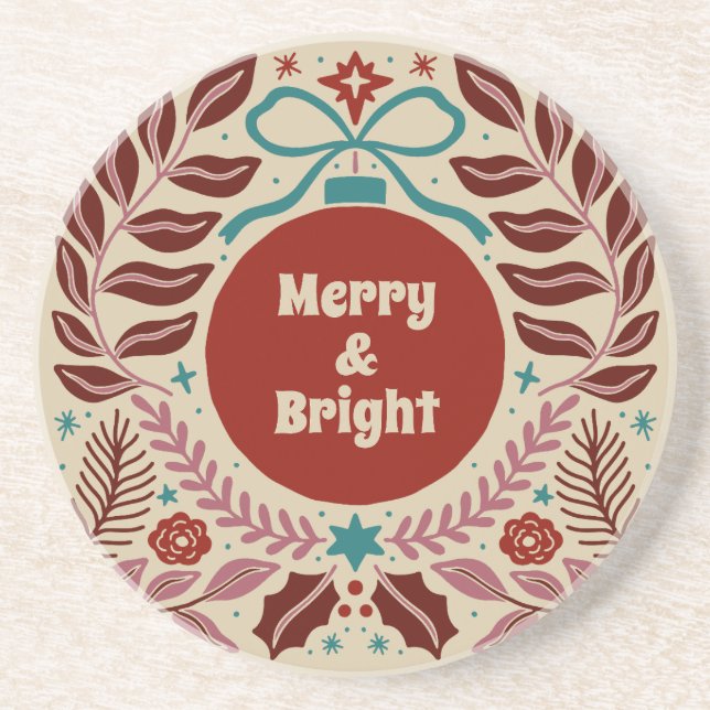 Merry and Bright Vintage Christmas Whimsical  Coaster (Front)
