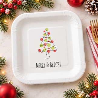 Merry and Bright Watercolor Christmas Tree Custom Paper Plate
