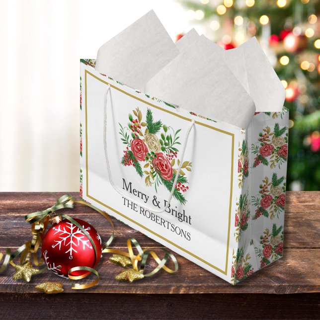 Merry and Bright Watercolor Roses Personalised Large Gift Bag (Creator Uploaded)