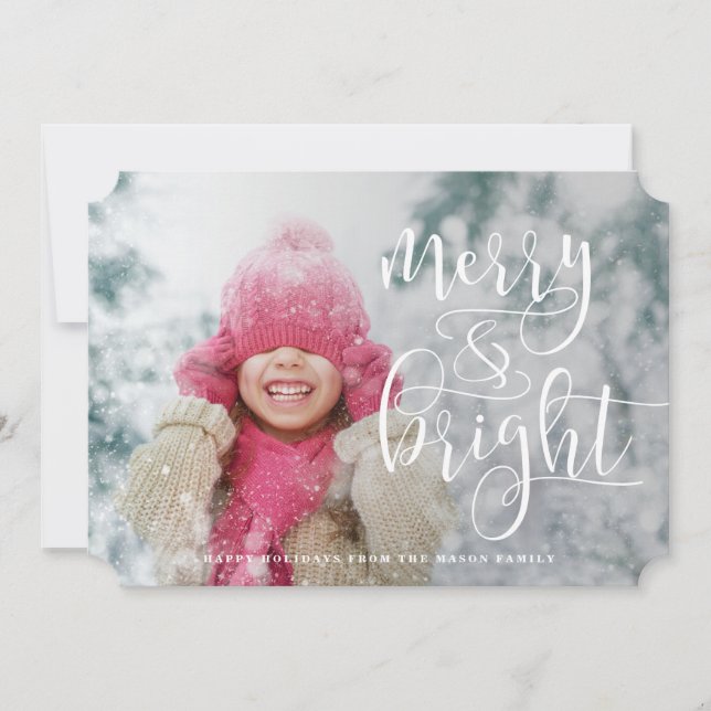 Merry And Bright White Overlay Holiday Photo Card (Front)