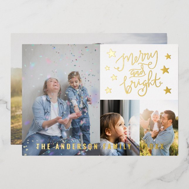 Merry and Bright White Personalised 4 Photo Gold (Front/Back)