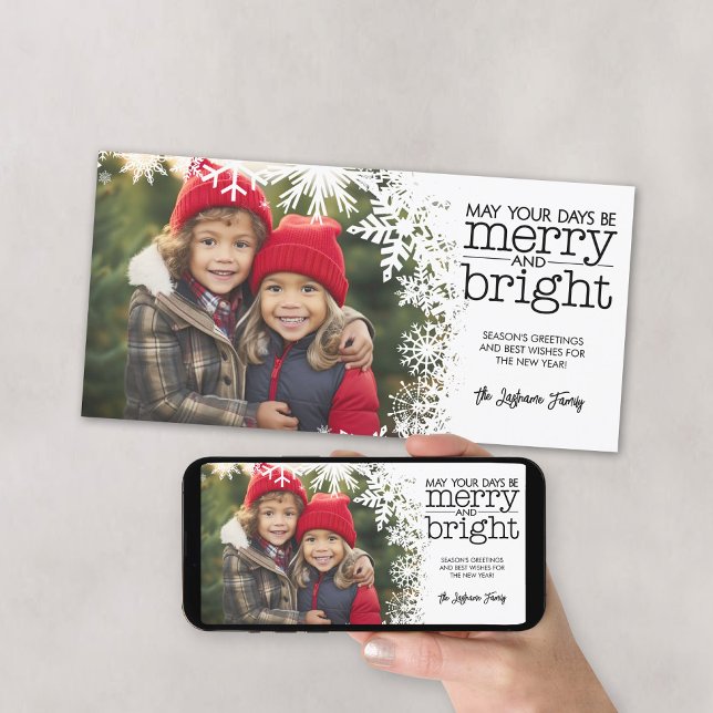 Merry and Bright - White Snowflakes with Photo Holiday Card (Download this Christmas Photo Card and add it to your social media and send it electronically!)