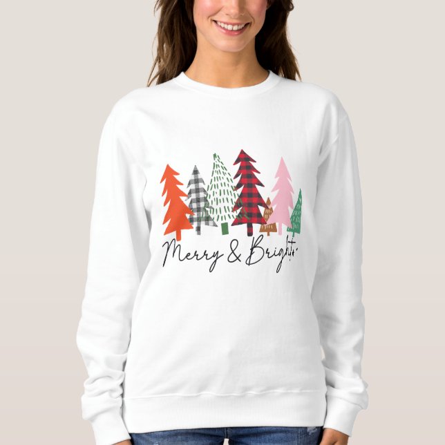 Merry and Bright Winter Forest Pine Trees Xmas Sweatshirt (Front)