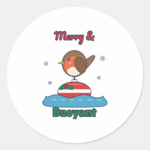 Merry and Buoyant Robin on a Buoy Christmas Classic Round Sticker