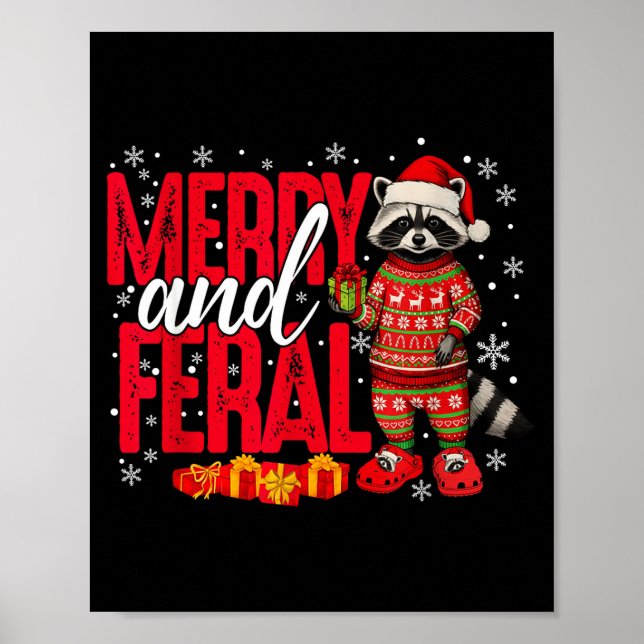 Merry And Christmas Feral Funny Raccoon Santa Hat  Poster (Front)