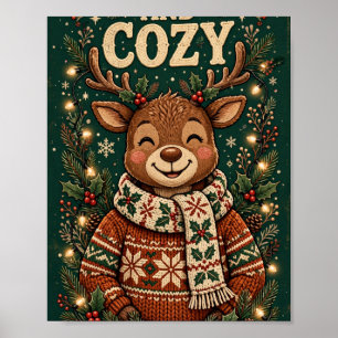Merry and Cosy Cute Reindeer Christmas Sweater Art Poster