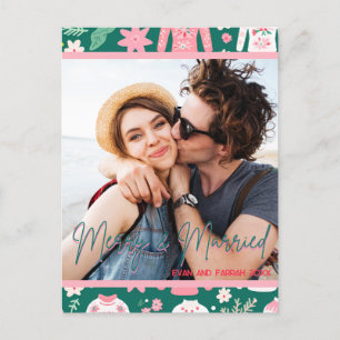 Merry and Married 1st Year Married Christmas Photo Postcard