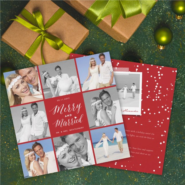 Merry And Married 8 Photo Collage Modern Wedding Holiday Card (Creator Uploaded)