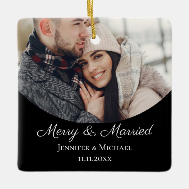 merry and married arch photo black chic ceramic ornament (Front)