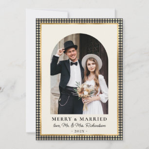 Merry and Married Arch Photo Black Gold Plaid Holiday Card