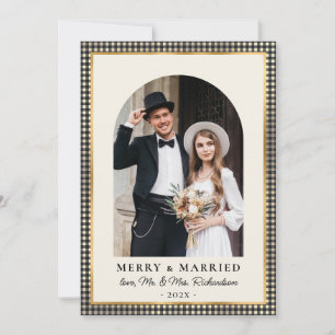 Merry and Married Arch Photo Black Gold Plaid Holiday Card