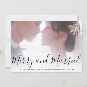 Merry and Married Black and White Newlywed Elegant Holiday Card