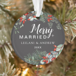 Merry and Married Botanical Pine Foliage Christmas Ornament