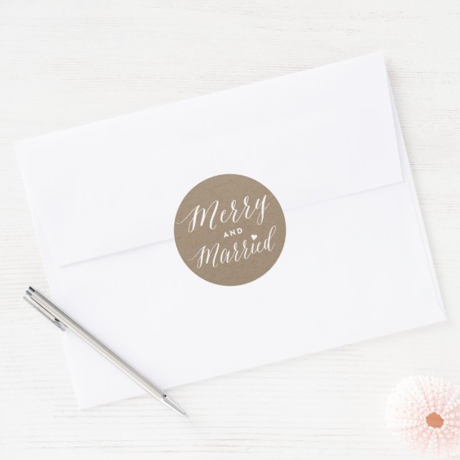 Merry And Married Brown Kraft Holiday Wedding Classic Round Sticker (Envelope)