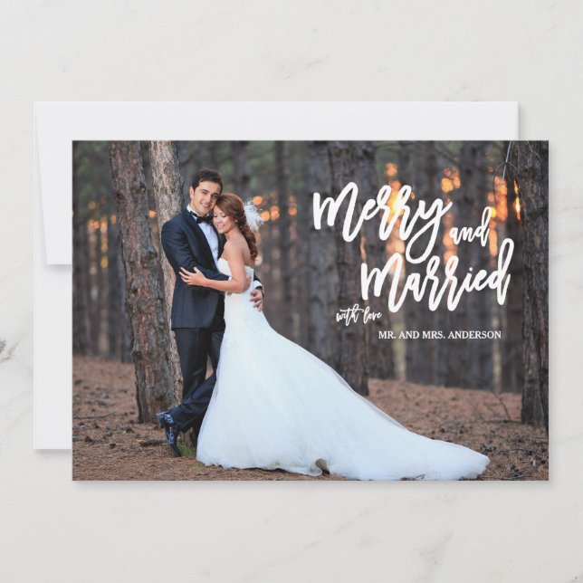 Merry and Married Brush Script Holiday Photo Card (Front)