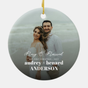Merry and Married Christmas Double Sided Photo Ceramic Tree Decoration