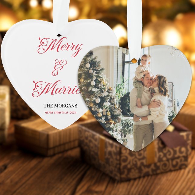 Merry and Married Christmas Family Photo Ornament (Creator Uploaded)