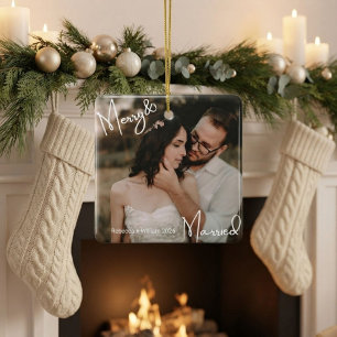 Merry and Married First Christmas Newlywed Photo Ceramic Ornament