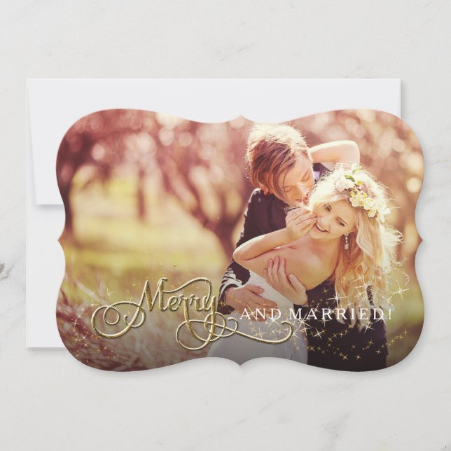 Merry and Married Glitter Star Photo Christmas Holiday Card (Front)