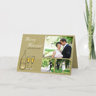 Merry And Married Gold Champagne 3 Photo Wedding Holiday Card