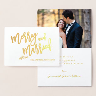 Merry and Married Gold Foil Script Holiday Photo Foil Card