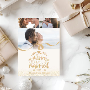 Merry and Married Gold Glitter Photo Holiday Card