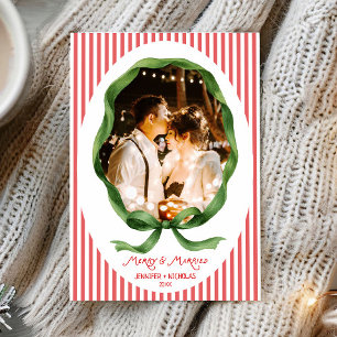 Merry and Married Green Bow Frame Photo Christmas Holiday Card