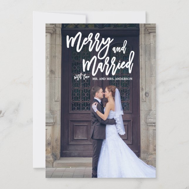 Merry and Married Hand Lettered Holiday Photo Card (Front)