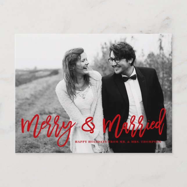 Merry and Married Hand Lettered Wedding Holiday Postcard (Front)