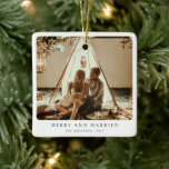 Merry and Married Minimalist Couple Photo Ceramic Ornament<br><div class="desc">Celebrate your first holiday season together with our Merry and Married Minimalist Couple Photo Ceramic Ornament. This elegant ornament features a clean, minimalist design with "Merry and Married" typography, paired with a personalised photo of the happy couple. Crafted from durable ceramic, it’s the perfect keepsake to commemorate your special year....</div>