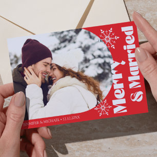 merry and married modern arch photo red holiday card