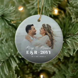 Merry and Married Monogram Year Newlweds Photo Ceramic Tree Decoration
