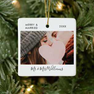 Merry And Married Mr Mrs 2 Photo Signature Script Ceramic Ornament