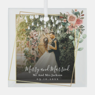 Merry and Married Newleyweds Christmas Floral Glass Tree Decoration