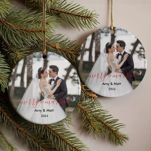 Merry and Married Newleyweds Christmas Photo Ornament