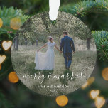 Merry and Married | Newleyweds Christmas Photo Ornament<br><div class="desc">Beautiful photograph newleyweds christmas tree ornament with a simple, modern, minimalist "merry and married" quote. This versatile design can be personalised with your own photograph, name and date to make a truly unique and bespoke design for your special day. The card shows an example image of a couple on their...</div>