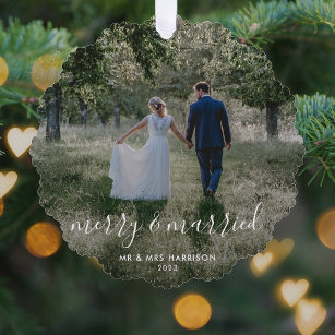 Merry and Married   Newleyweds Christmas Photo Tree Decoration Card