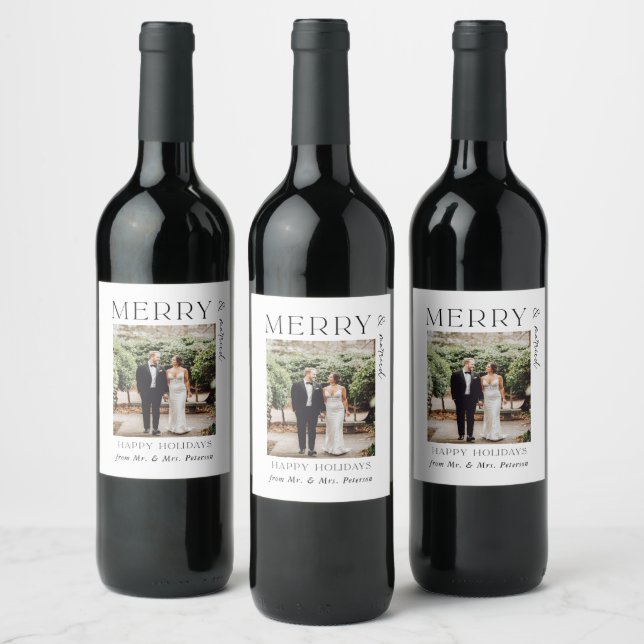 Merry and Married Newlywed Christmas Wedding Favou Wine Label (Bottles)