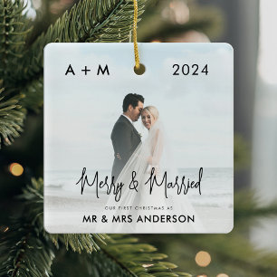 Merry and Married Newlywed First Christmas Photo Ceramic Ornament