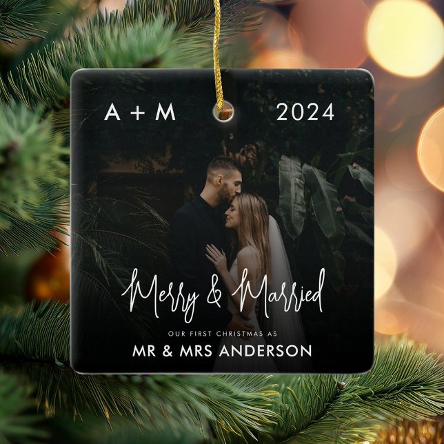 Merry and Married Newlywed First Christmas Photo Ceramic Ornament (Creator Uploaded)