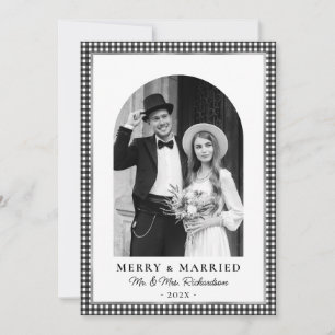 Merry and Married Newlywed Photo Black White Plaid Holiday Card