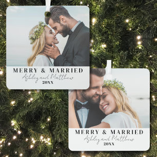 Merry And Married Newlyweds Christmas Photo Metal Tree Decoration