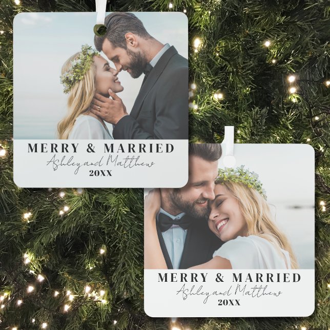 Merry And Married Newlyweds Christmas Photo Metal Tree Decoration (Minimalist Merry And Married Photo Metal Ornament)