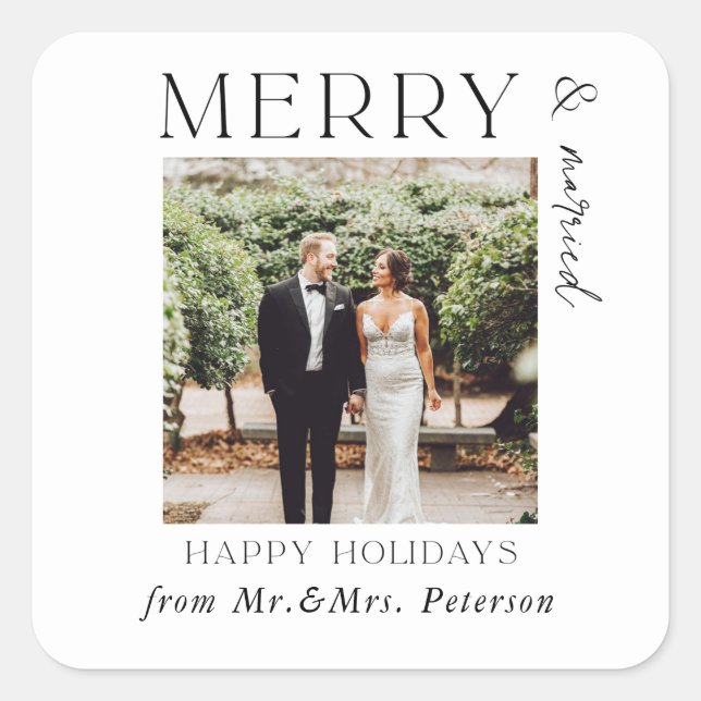 Merry and Married Newlyweds Mr & Mrs Holiday Gift Square Sticker (Front)