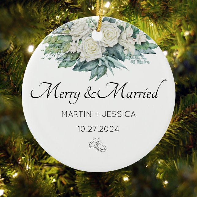 Merry And Married Our First Christmas Floral  Ceramic Tree Decoration (Merry And Married Our First Christmas Floral Ceramic Ornament)