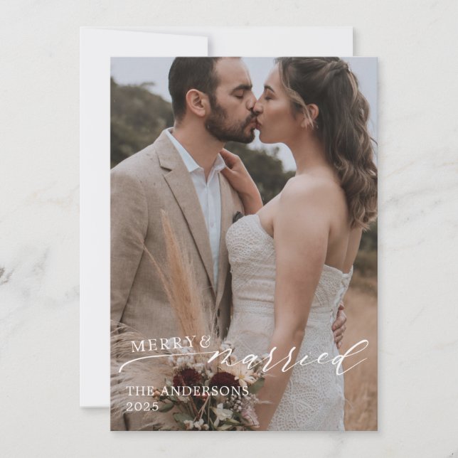 Merry and Married Overlay Script Wedding Thank You Card (Front)