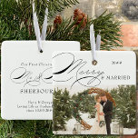 Merry and Married Photo and Mr and Mrs Calligraphy Ceramic Ornament<br><div class="desc">Merry & Married Christmas photo ornament which you can personalise with your favourite photo and persoanlized wording. Elegant typographic design with swirly calligraphy and easy to edit for a married couple. This holiday ornament is lettered with Merry & Married on one side and editable text on the other. The sample...</div>