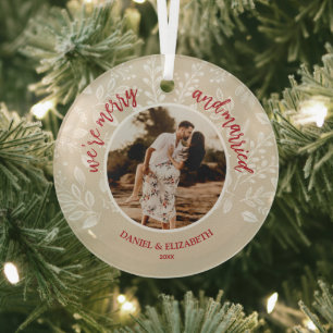 Merry and Married Photo Ivory Glass Tree Decoration
